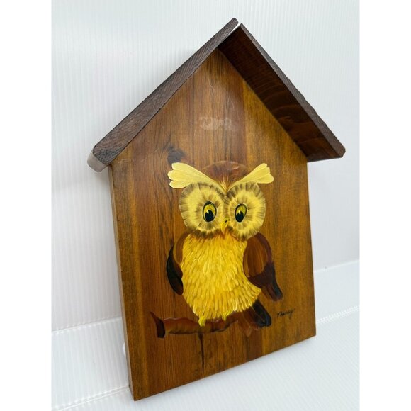 Vintage Artist Signed Hand Painted Owl House Wood Oval‎ Plaque 7"x10 1/2" Retro - Picture 2 of 8